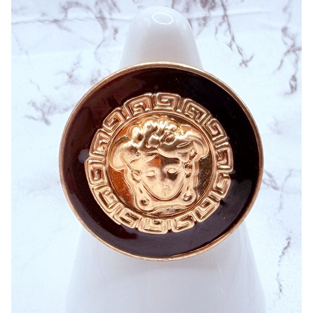 Gold Tone Medusa Ring Black Enamel Greek Key Statement Size 9.75–10